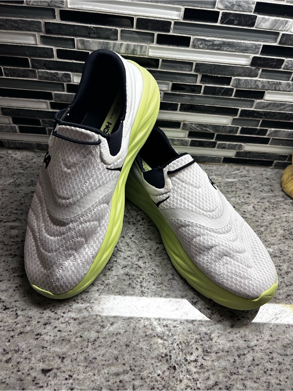 Hoka Men's Ora Recovery 2 Slip-On Athletic Shoes - White w/ Neon Yellow Size 13